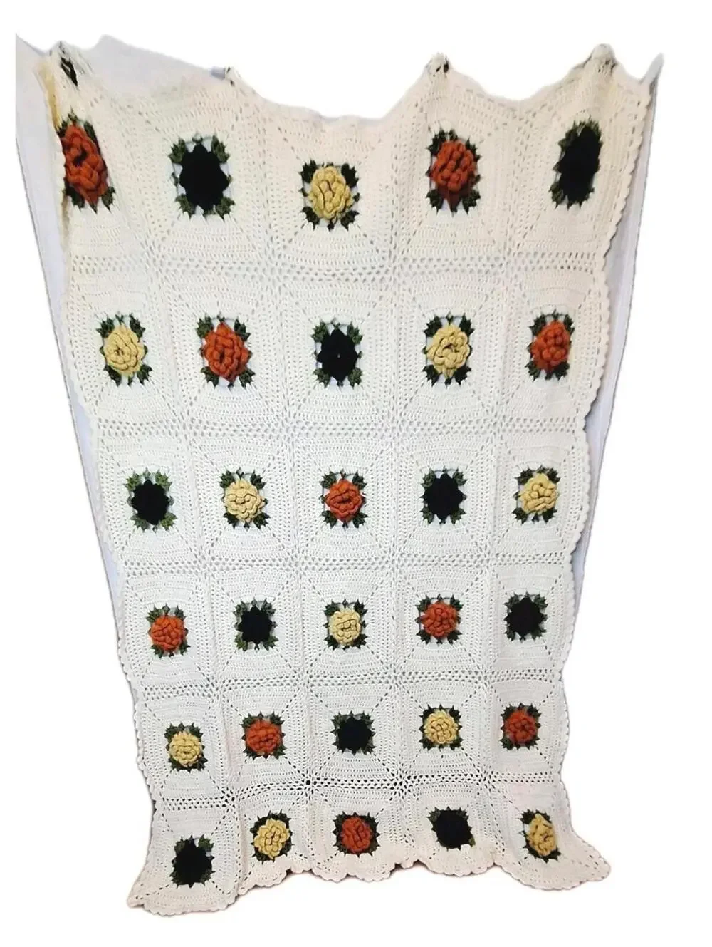 RARE VINTAGE Fall Floral Granny Square Crocheted Afghan/Blanket (45